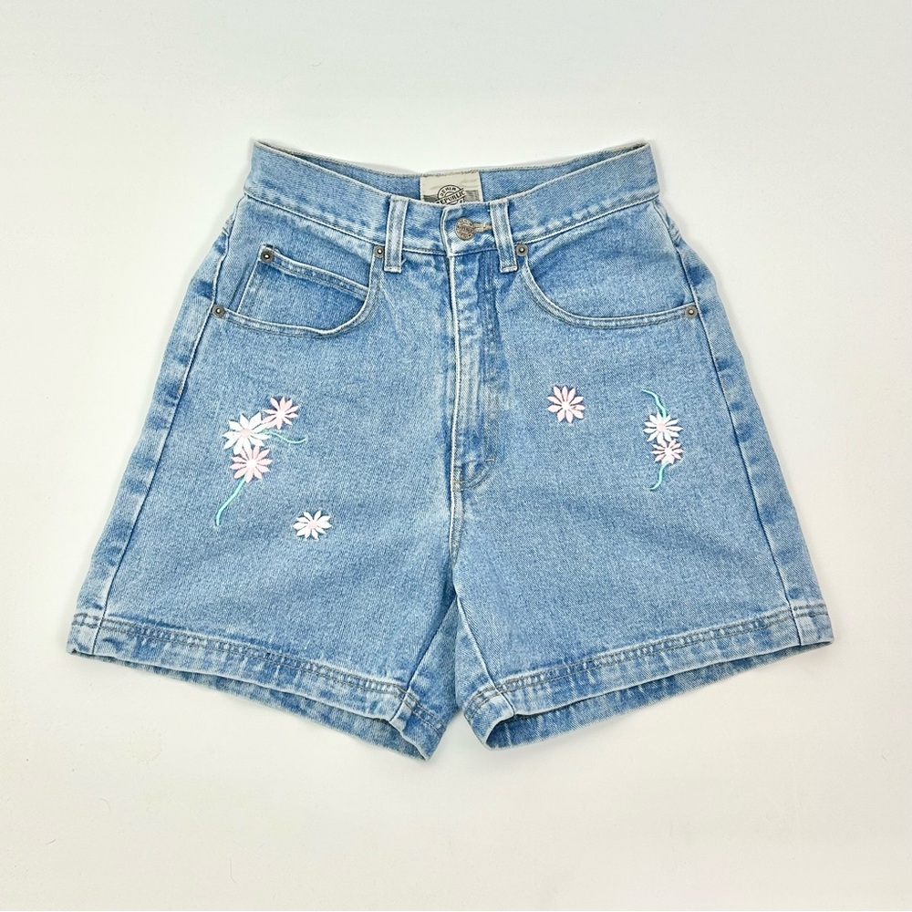 Vintage‎ Denim Republic Embroidered High Waist Jean Short 90s Daisy Flower 3/4